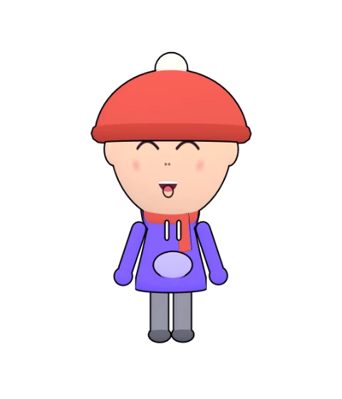 A little cartoon character in a purple hoodie, a red beanie and a scarf